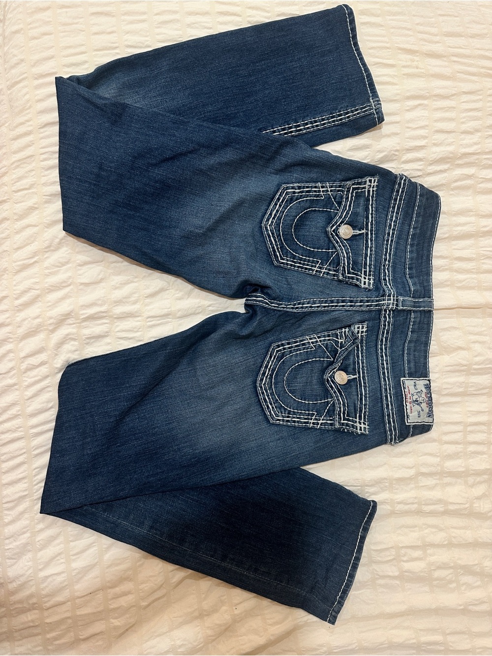 True Religion Dark Blue Straight Leg Jeans with White Contrast Stitching